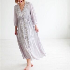 Free People || Embroidered Fable Maxi Dress in Dove Gray Lavender Small